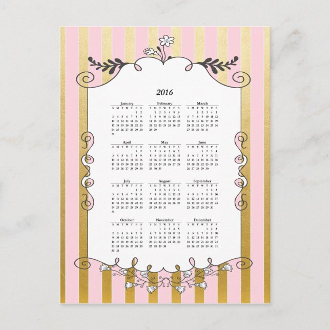 Illustrierte Grenze Rosa und Gold 2016 - Kalender Postkarte (Vorderseite)