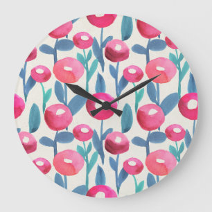 Illustrierte Handfloralen: Aquarelltextur. Große Wanduhr