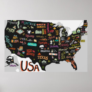 Illustrierte Karte der USA. Poster mit Staaten und