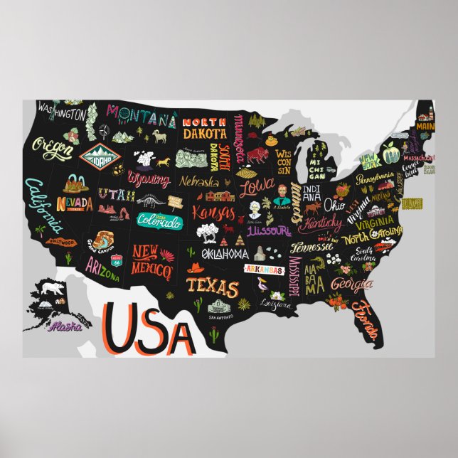 Illustrierte Karte der USA. Poster mit Staaten und (Vorne)