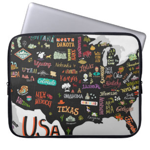 Illustrierte Karte der USA. Poster mit Staaten und Laptopschutzhülle