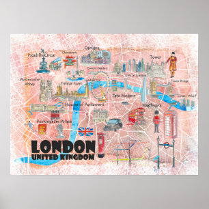 Illustrierte Karte London UK mit Sehenswürdigkeite Poster