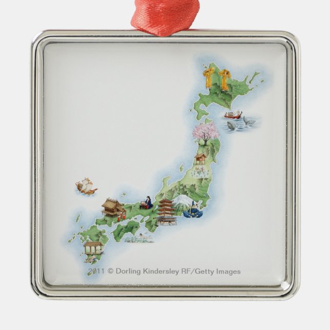Illustrierte Karte von altem Japan Silbernes Ornament (Vorne)