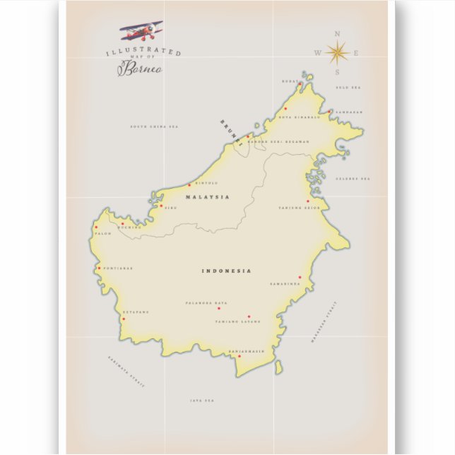 Illustrierte Karte von Borneo Aufkleber (Vorderseite)