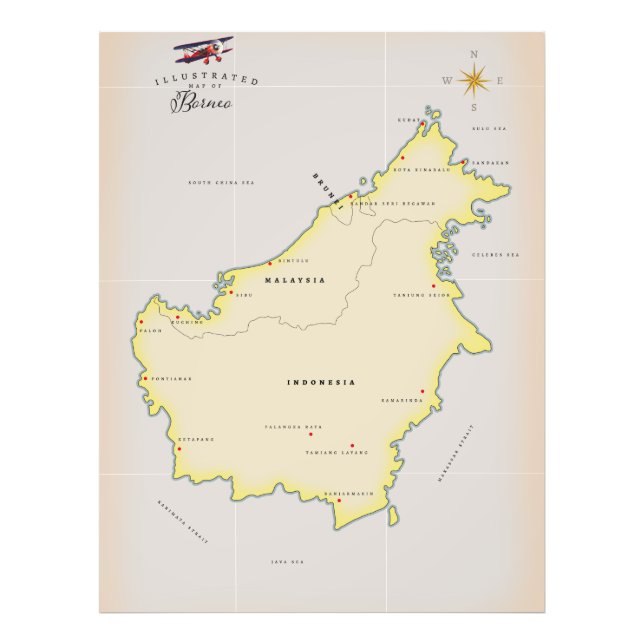 Illustrierte Karte von Borneo Fotodruck (Vorne)