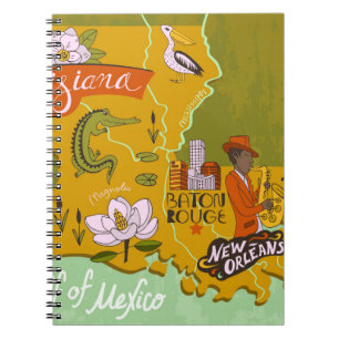 Illustrierte Karte von Louisiana, USA. Reise und R Notizblock
