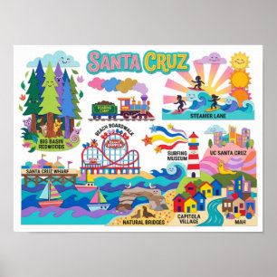 Illustrierte Karte von Santa Cruz Boardwalk Beach Poster