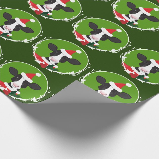 Illustrierte Kuh Weihnachtsmannmütze Grüne Neuheit Geschenkpapier (Ecke)