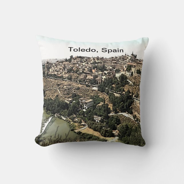 Illustrierte Landschaft Kunst Toledo, Spanien Kissen (Vorderseite)