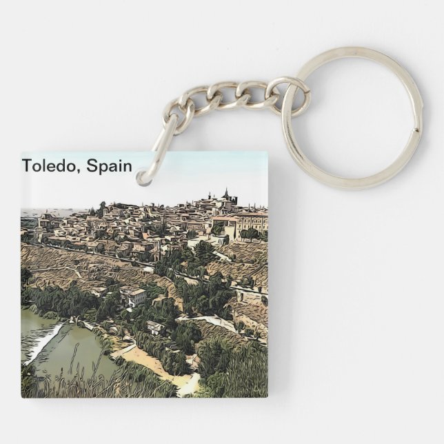 Illustrierte Landschaft Kunst Toledo, Spanien Schlüsselanhänger (Rückseite)
