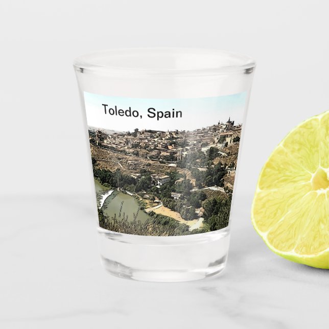Illustrierte Landschaft Kunst Toledo, Spanien Schnapsglas (Vorderseite)