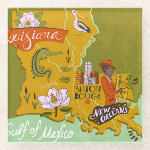 Illustrierte Louisiana-Karte: Reise-Highlights. Glasuntersetzer