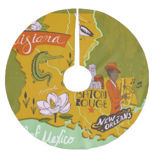 Illustrierte Louisiana-Karte: Reise-Highlights. Polyester Weihnachtsbaumdecke