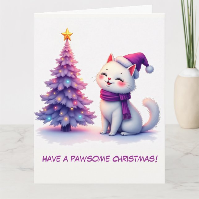Illustrierte Niedliche Katze und Weihnachtsbaum Karte (Vorderseite)