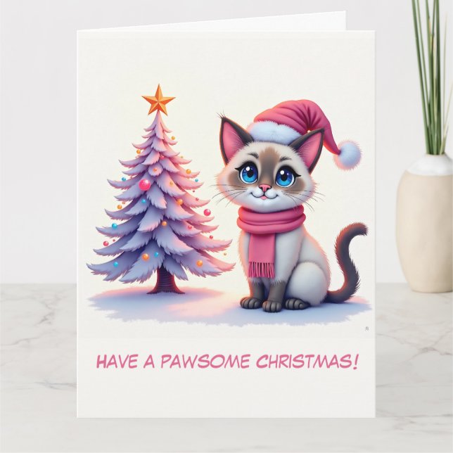 Illustrierte Niedliche Siamkatze und Weihnachtsbau Karte (Vorderseite)