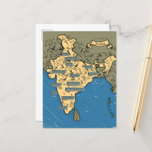 Illustrierte Reisekarte für Indien Ankündigungspostkarte