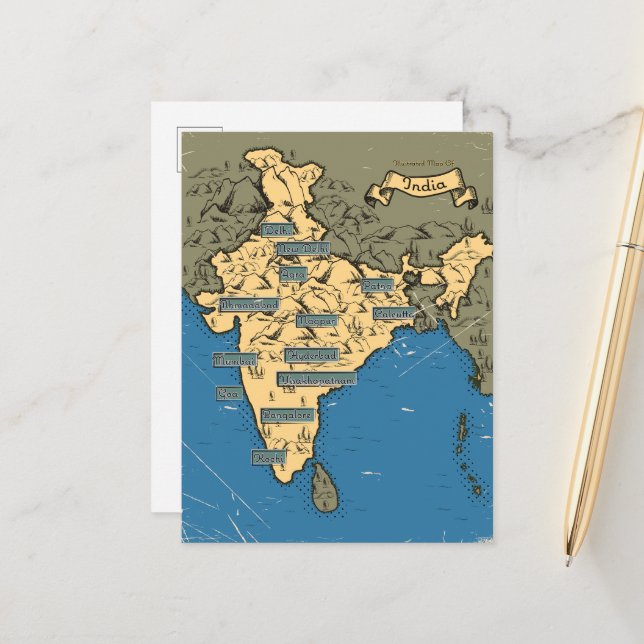 Illustrierte Reisekarte für Indien Ankündigungspostkarte (Vorderseite/Rückseite Beispiel)