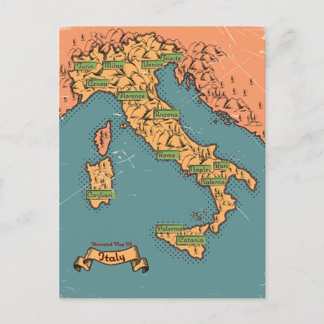 Illustrierte Reisekarte Italiens Ankündigungspostkarte (Vorderseite)