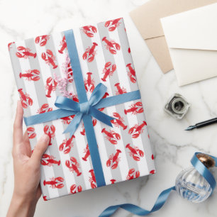 Illustrierte rote Hummer auf hellgrauen Streifen Geschenkpapier