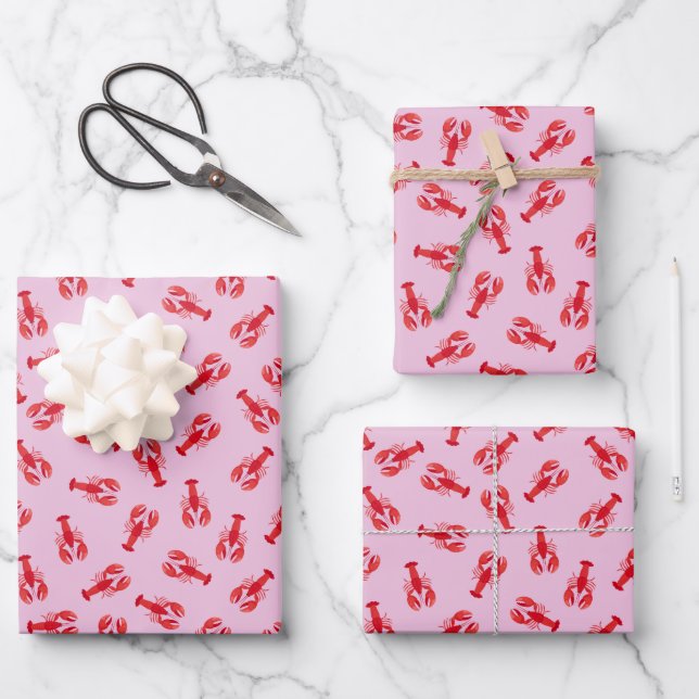 Illustrierte Rote Hummer auf Hellrosa Geschenkpapier Set (Vorderseite)