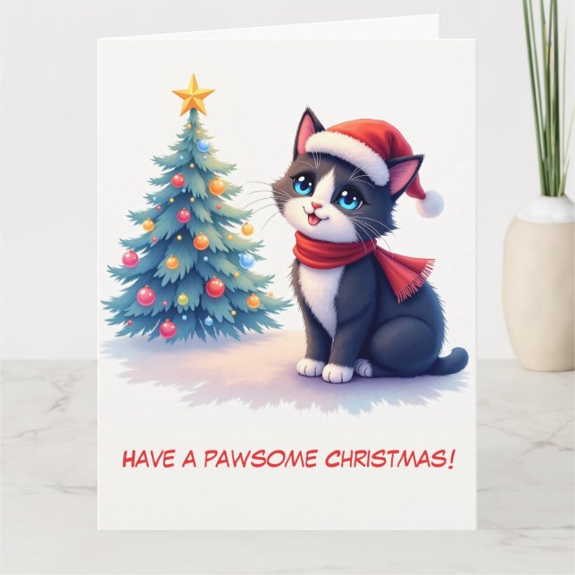Illustrierte Schwarz-Weiß-Katze und Weihnachtsbaum Karte (Vorderseite)