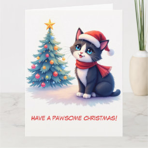 Illustrierte Schwarz-Weiß-Katze und Weihnachtsbaum Karte