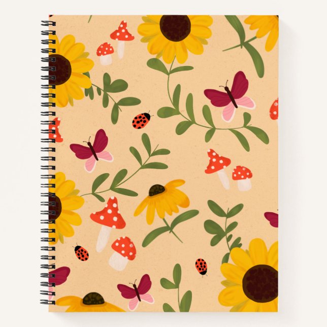 Illustrierte Sonnenblume Handgezeichnet Muster Notizbuch (Vorderseite)