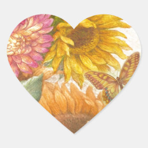 Illustrierte Sonnenblume u. Schmetterling Herz-Aufkleber