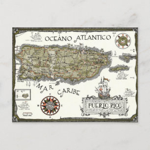 Illustrierte spanische Puerto Rico-Karte Postkarte