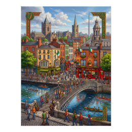 Illustrierte Stadtansicht von Dublin und Ha'penny Poster