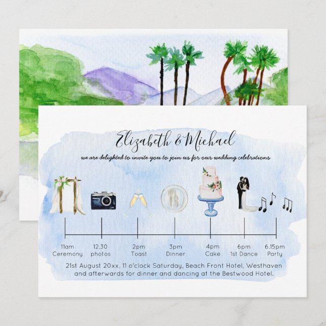 Illustrierte Timeline-Symbole für Hochzeiten am St Einladung (Vorne/Hinten)