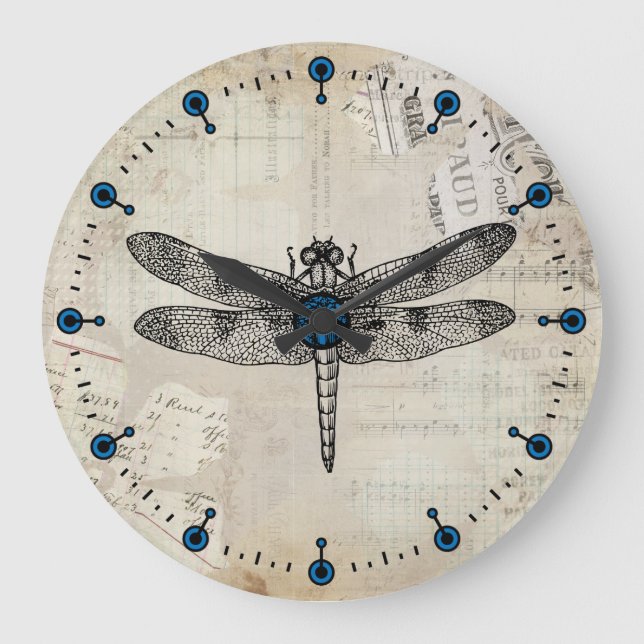 Illustrierte Vintage Libelle-Uhr Große Wanduhr (Vorderseite)