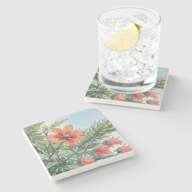 Illustrierte Wasserfarbe Botanische Orangenblüte Steinuntersetzer (Seitenansicht)