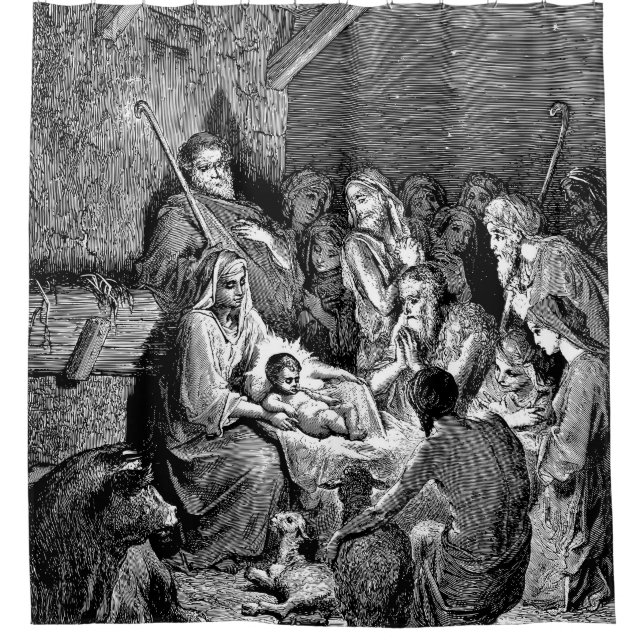 Illustrierte Weihnachtskrippe Duschvorhang (Vorderseite)