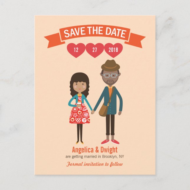 Illustrierter Cartoon Couple Portrait Hochzeit Ankündigungspostkarte (Vorderseite)