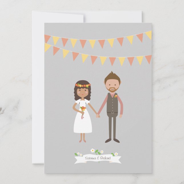 Illustrierter Cartoon Couple Portrait Hochzeit Einladung (Rückseite)
