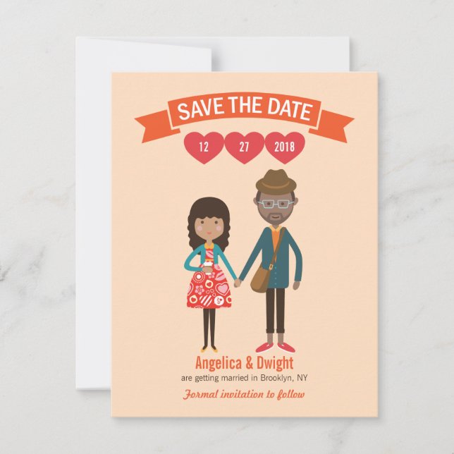 Illustrierter Cartoon Couple Portrait Hochzeit Einladung (Vorderseite)