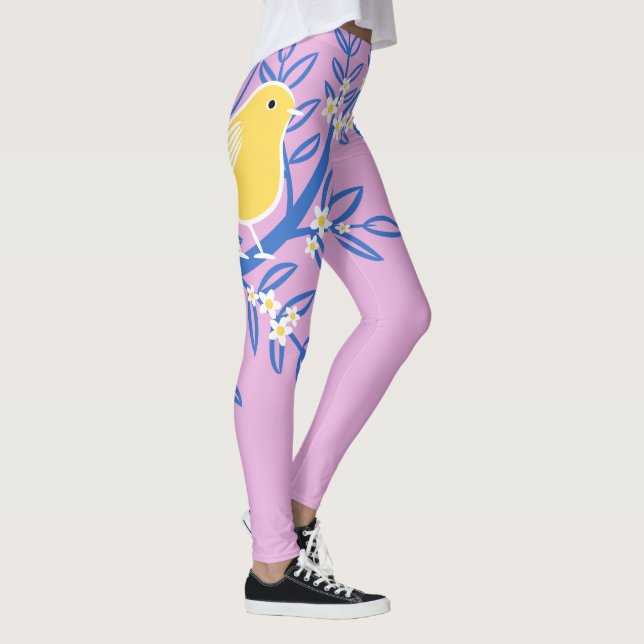 Illustrierter Gelbbvogel auf rosa Hintergrund Leggings (Rechts)