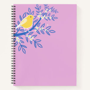 Illustrierter Gelbbvogel auf rosa Hintergrund Notizbuch