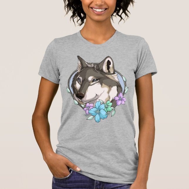 Illustrierter Grauer Wolf und Blume T-Shirt (Vorderseite)