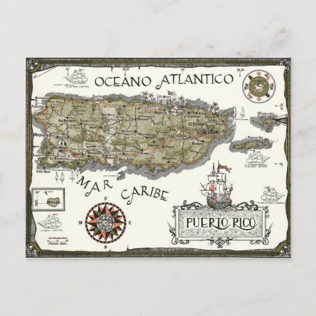 Illustrierter Puerto Rico Karte Postkarte (Vorderseite)