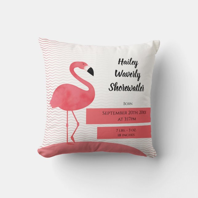 Illustrierter Rosa Flamingo-Tier Geburtsname Kissen (Vorderseite)