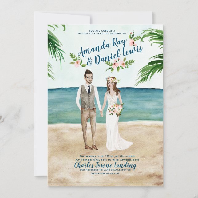 Illustrierter Strand Hochzeitsempfang Einladung (Vorderseite)