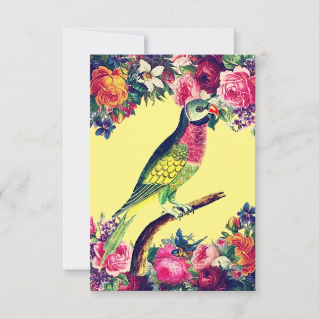 Illustrierter Vintager Papagei und Blume Karte (Vorderseite)