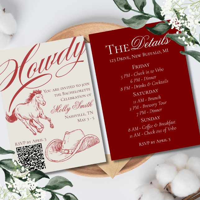 Illustrierter Western Roter Bachelorette Einladung (Say "Howdy!" to the ultimate western send-off with this Rustic Western Bachelorette Collection!)