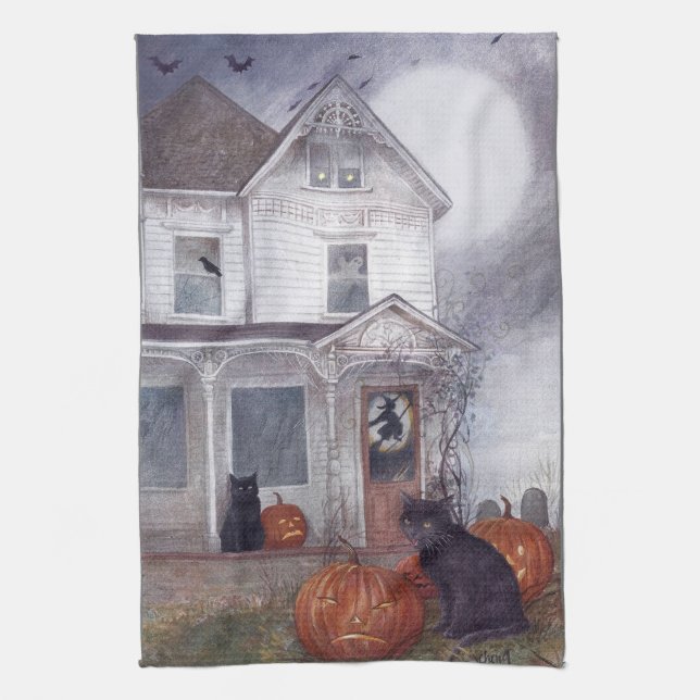 Illustriertes Halloween-Haus mit schwarzer Katze Geschirrtuch (Vertikal)