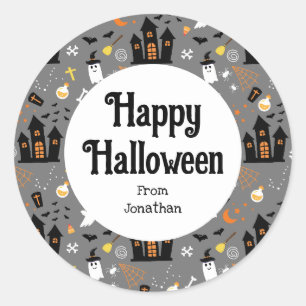 Illustriertes Halloween-Muster mit grau, schwarz Runder Aufkleber