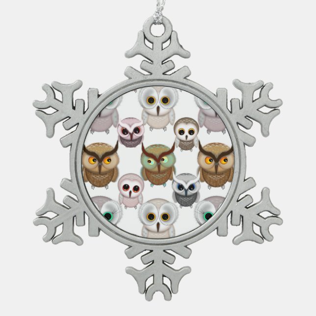 Illustriertes Owls-Muster Schneeflocken Zinn-Ornament (Vorderseite)