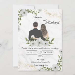 Illustriertes Paar & weiße Blumen Save The Date