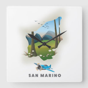 Illustriertes Reiseplakat von San Marino. Quadratische Wanduhr